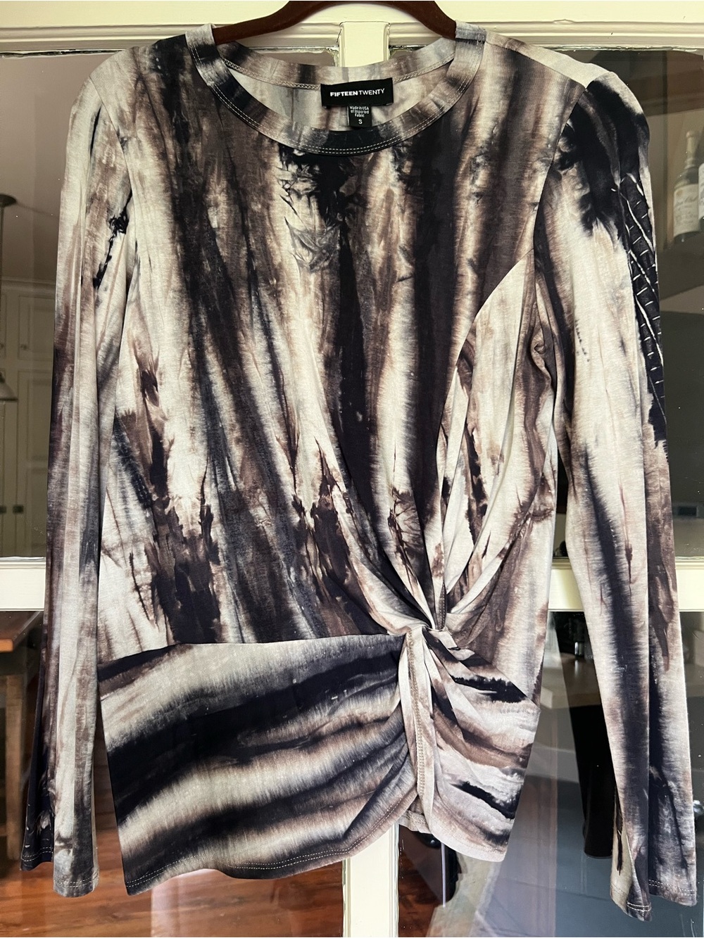 Fifteen Twenty Black & Cream Tie-Dye Knot Front Long Sleeve Top